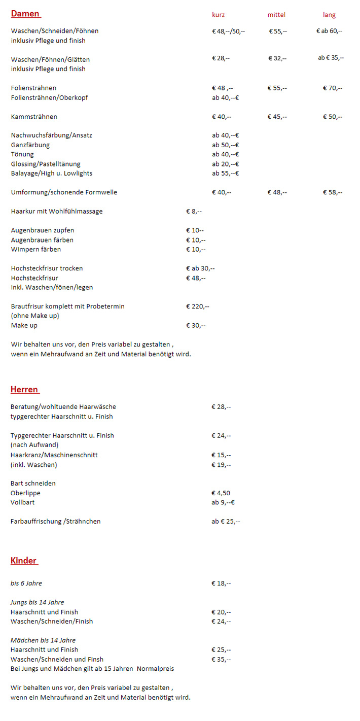 Friseursalon Schnittpunkt Ohmenhausen Preise